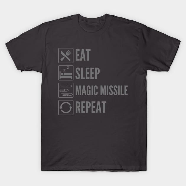 "Eat, Sleep, Magic Missile, Repeat - Wizard Class Print T-Shirt by DungeonDesigns